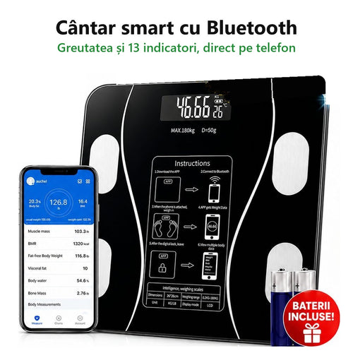 Cantar corporal inteligent Bluetooth cu aplicatie, de baie, electronic, sticla securizata, afisaj LCD, design elegant, smart