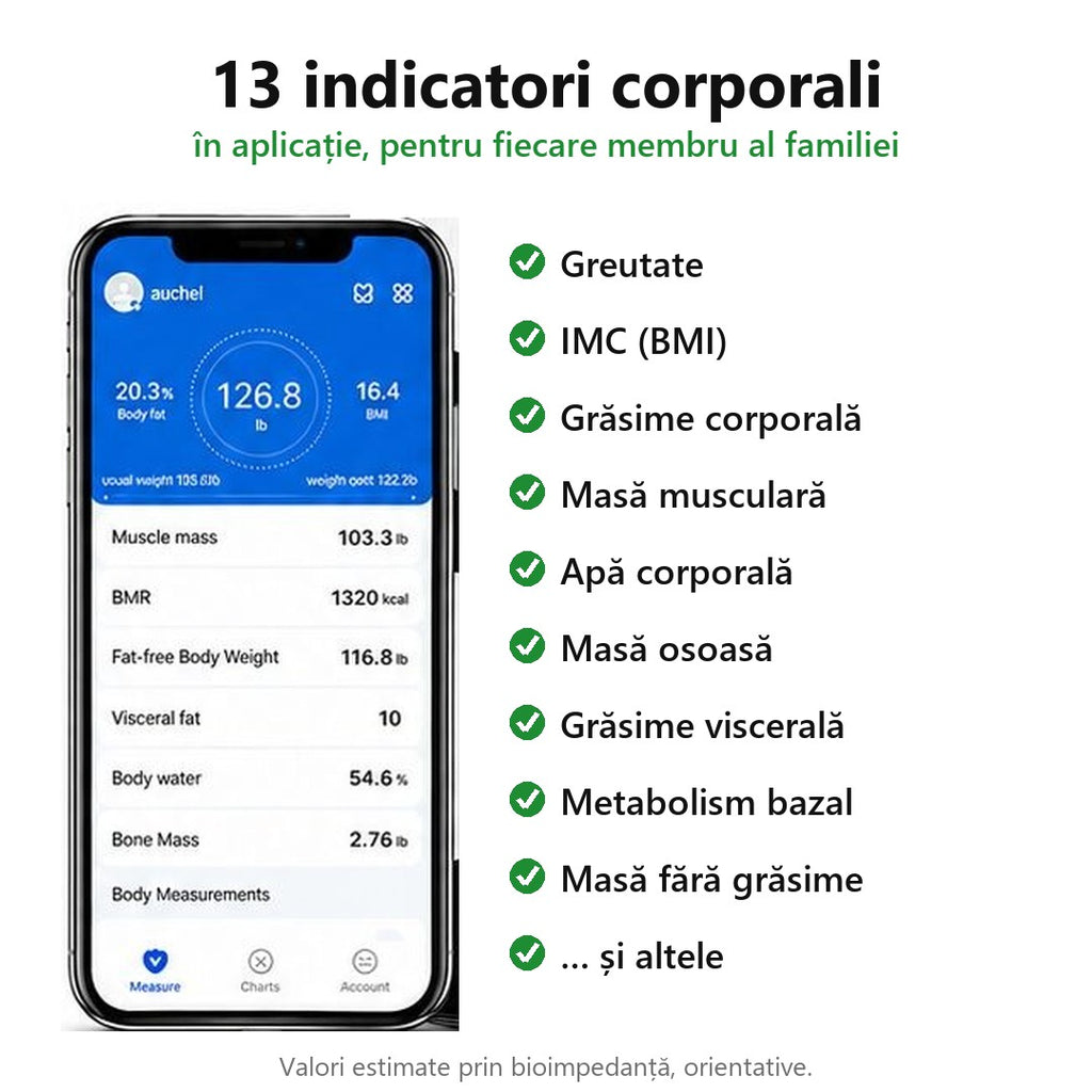 Cantar corporal inteligent Bluetooth cu aplicatie, de baie, electronic, sticla securizata, afisaj LCD, design elegant, smart