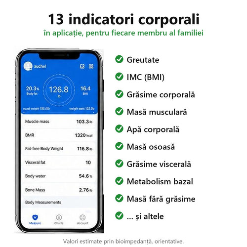 Cantar corporal inteligent Bluetooth cu aplicatie, de baie, electronic, sticla securizata, afisaj LCD, design elegant, smart