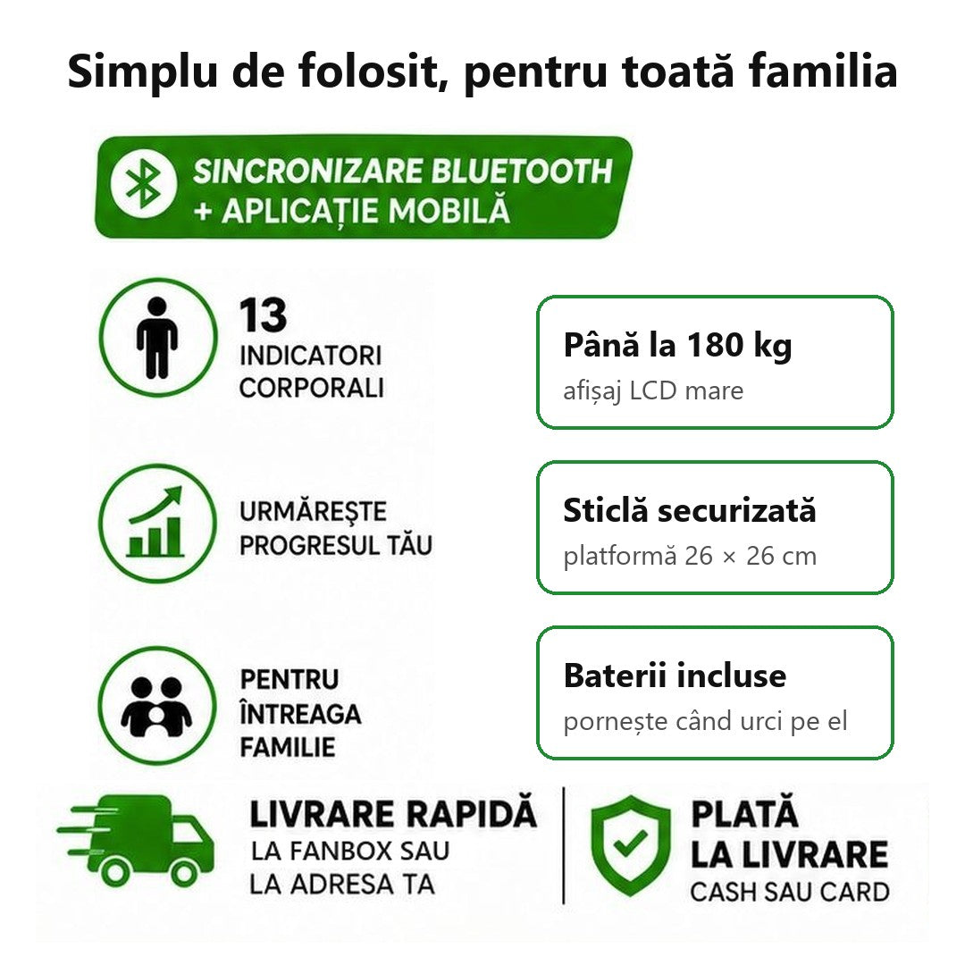 Cantar corporal inteligent Bluetooth cu aplicatie, de baie, electronic, sticla securizata, afisaj LCD, design elegant, smart