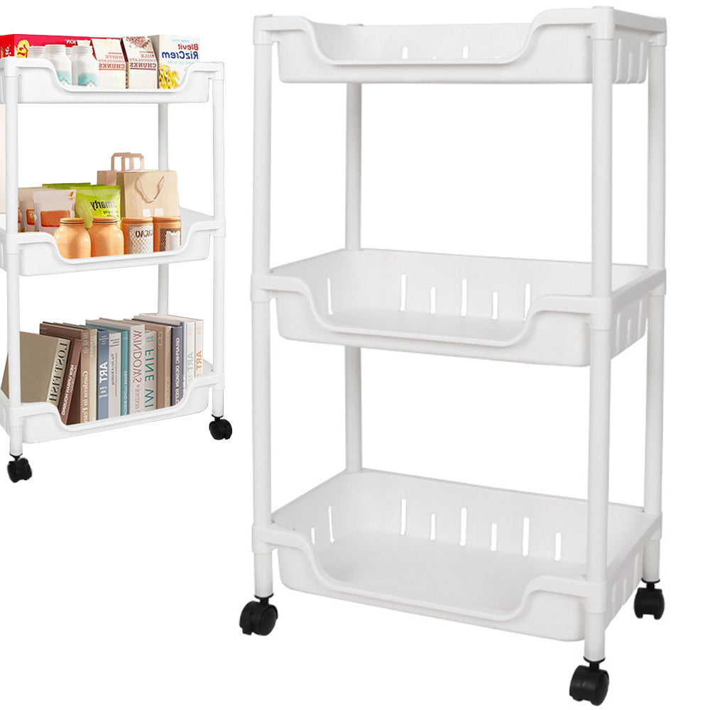 Raft Mobil 3 Niveluri, Alb, Cu Roti si Carlige, Depozitare Baie/Bucatarie,15kg 68x40x22cm