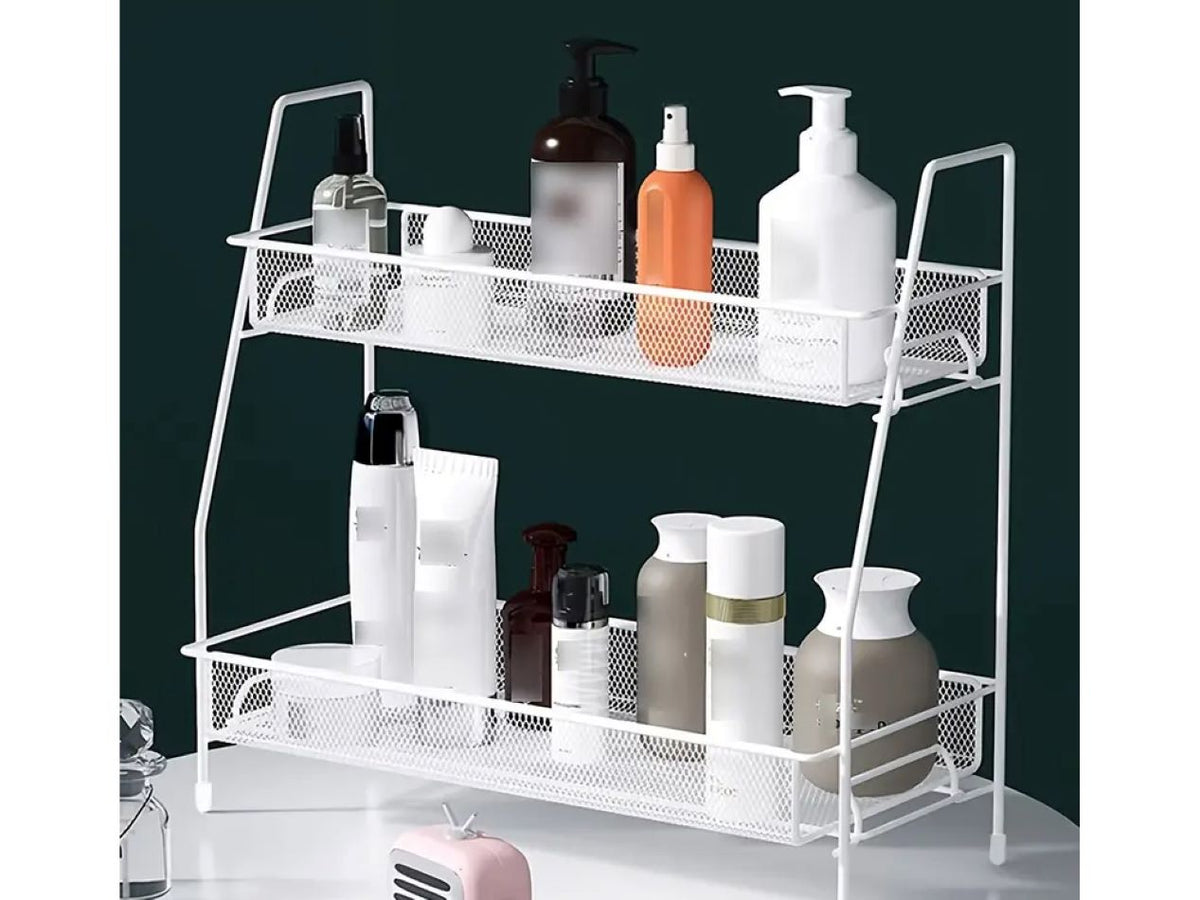 Suport organizator de bucatarie cu 2 rafturi metalice loft pentru condimente si accesorii, alb