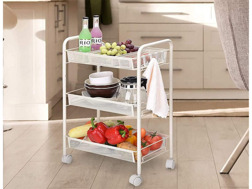 Cărucior Metalic Alb pentru Fructe și Legume - 3 Coșuri Ventilate, Mobil pe Roți (64x44x27 cm)