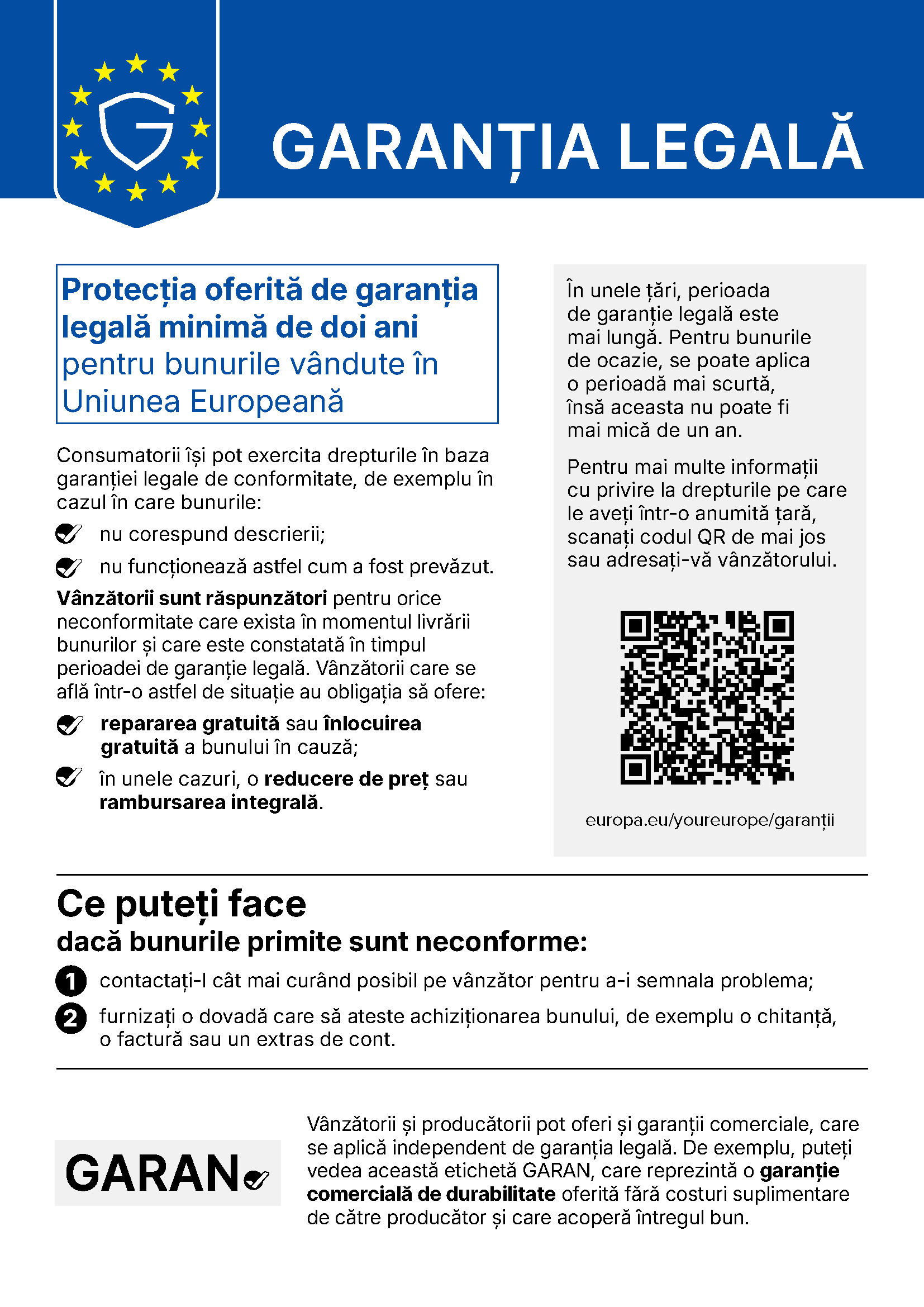 Garanția legală – notificarea armonizată a UE privind garanția legală de conformitate