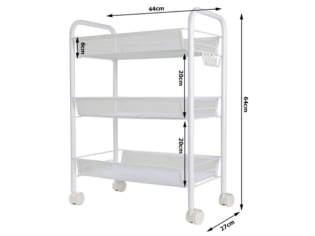 Cărucior Metalic Alb pentru Fructe și Legume - 3 Coșuri Ventilate, Mobil pe Roți (64x44x27 cm)