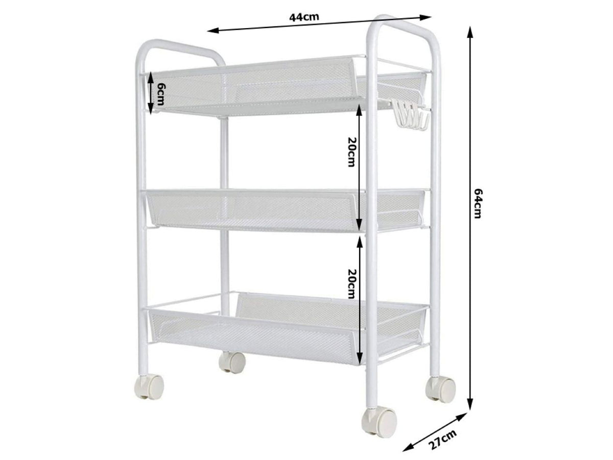 Cărucior Metalic Alb pentru Fructe și Legume - 3 Coșuri Ventilate, Mobil pe Roți (64x44x27 cm)