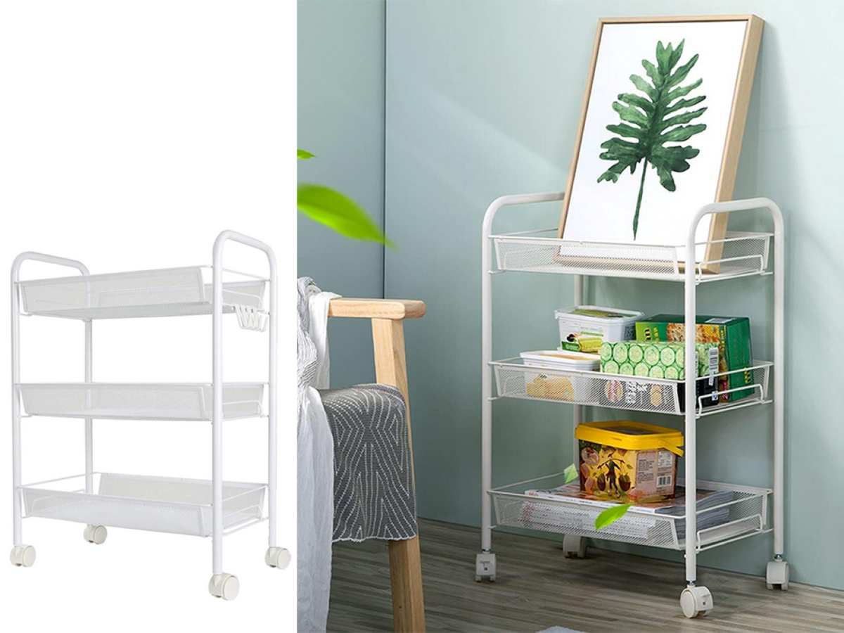 Cărucior Metalic Alb pentru Fructe și Legume - 3 Coșuri Ventilate, Mobil pe Roți (64x44x27 cm)