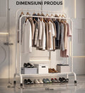 Suport Haine Metalic Alb White Edition, 2 Bare, 120x160x45 cm, Complet Metalic, cu Roți