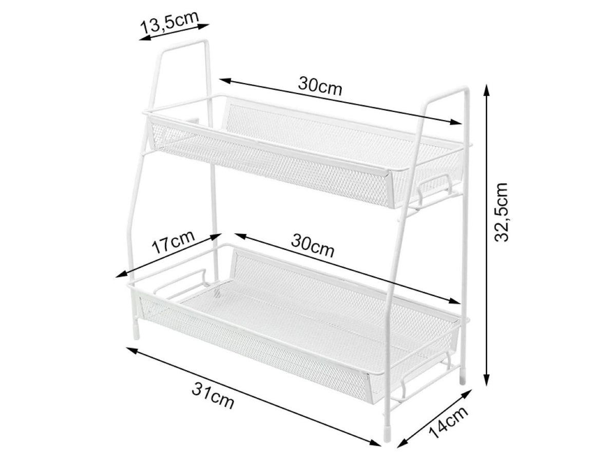 Suport organizator de bucatarie cu 2 rafturi metalice loft pentru condimente si accesorii, alb