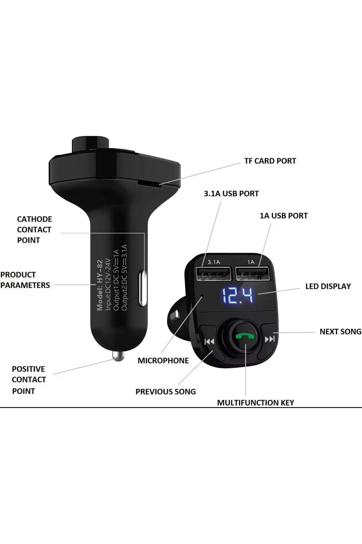 Modulator FM Bluetooth Auto cu Voltmetru – Încărcare Dublă USB (3.1A), Handsfree & Redare Stick/Card