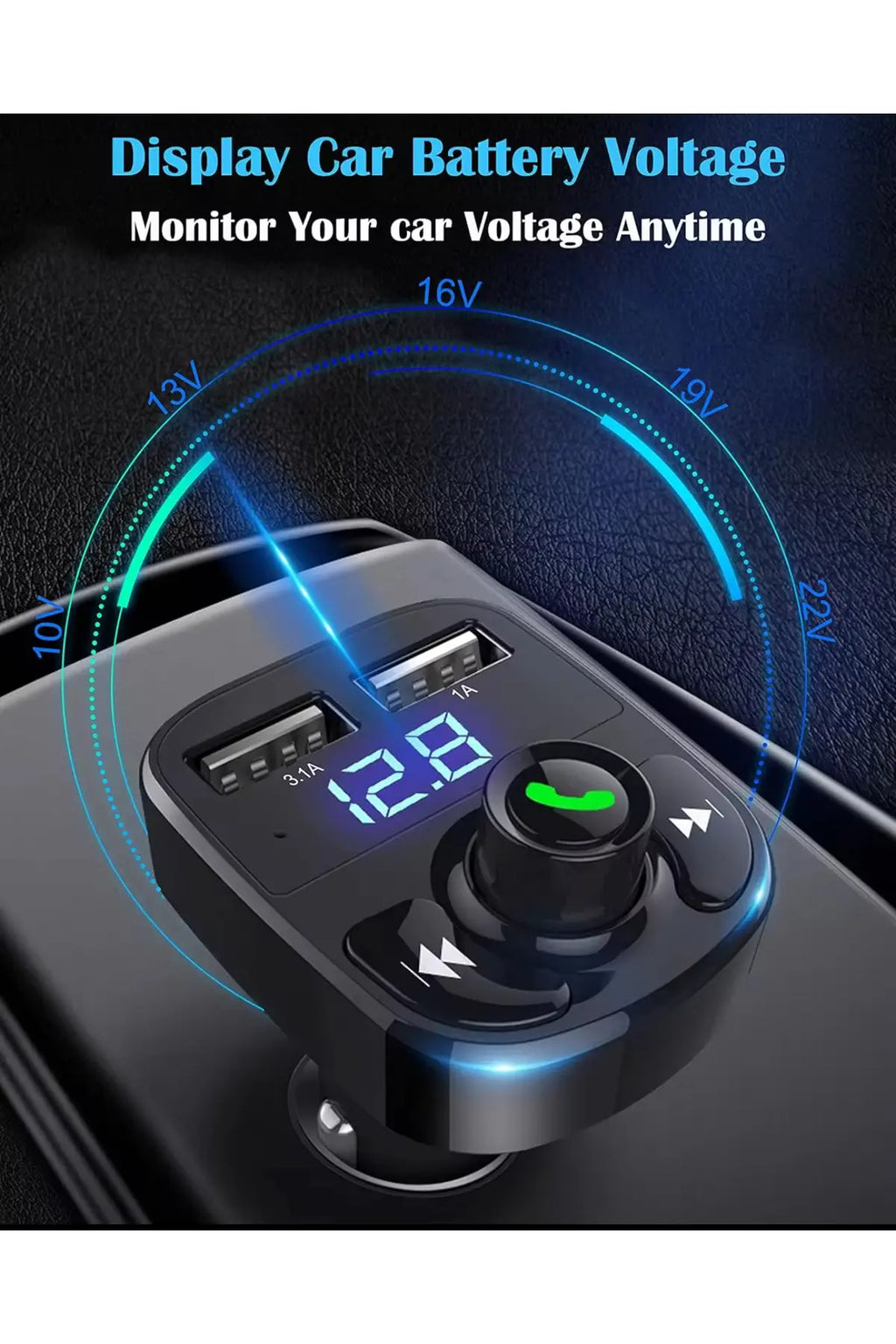Modulator FM Bluetooth Auto cu Voltmetru – Încărcare Dublă USB (3.1A), Handsfree & Redare Stick/Card