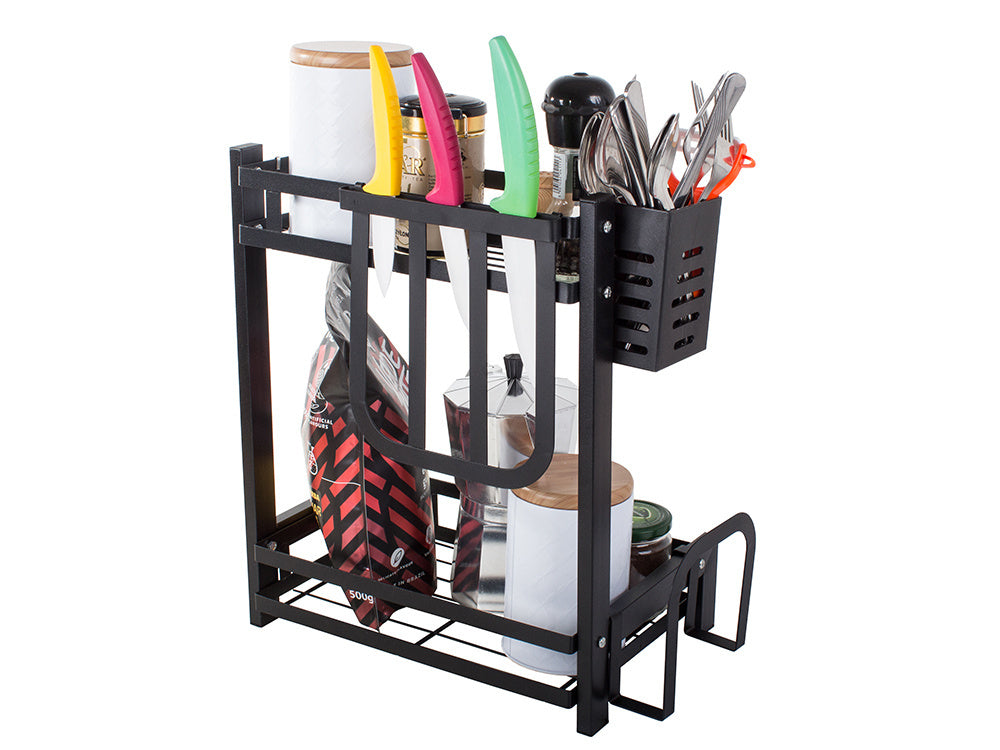 Organizator bucatarie 2 niveluri, suport condimente si accesorii, Metal, Negru