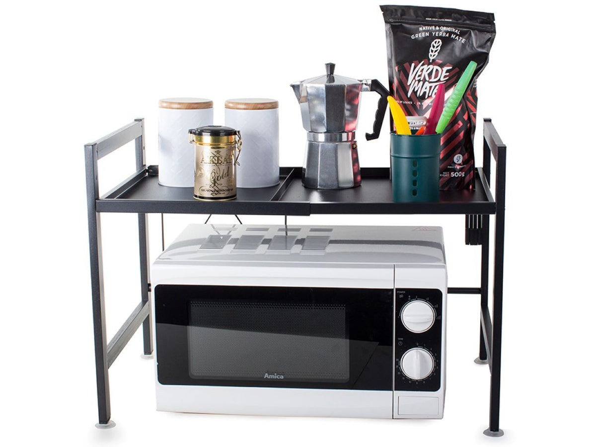Suport Cuptor pentru Microunde, Raft Reglabil, Negru, Otel Inoxidabil, 4 Carlige