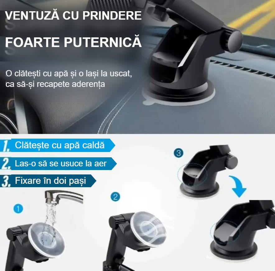 Suport Auto Telefon cu Ventuză – Braț Telescopic, Rotire 360°, pentru Bord sau Parbriz (CZ-3115)