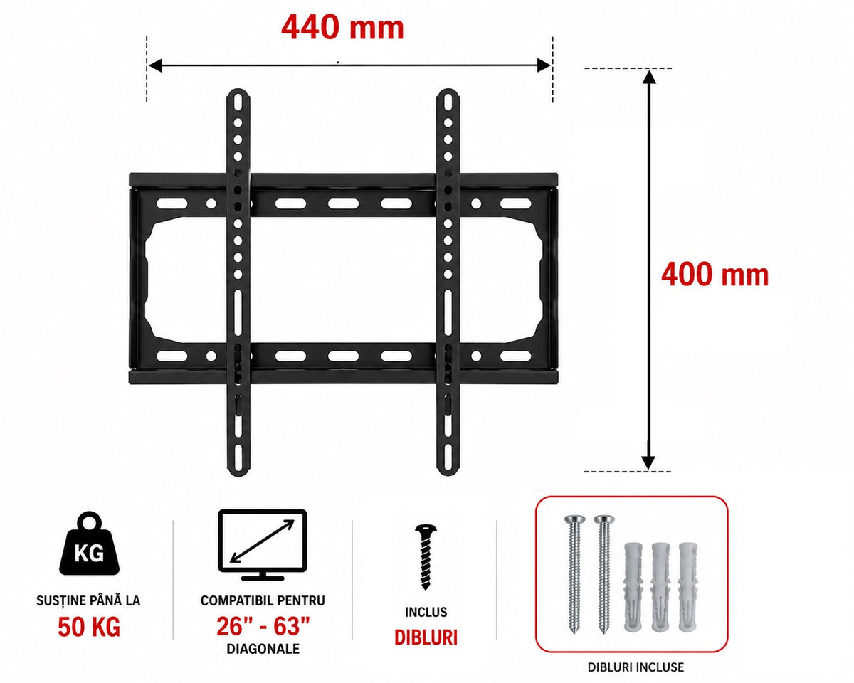 Suport TV Universal de Perete 26-63 inch, Oțel, 50 kg, VESA 400×400, Negru