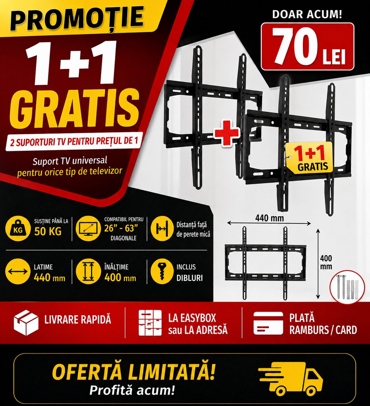 Suport TV Universal de Perete 26-63 inch, Oțel, 50 kg, VESA 400×400, Negru