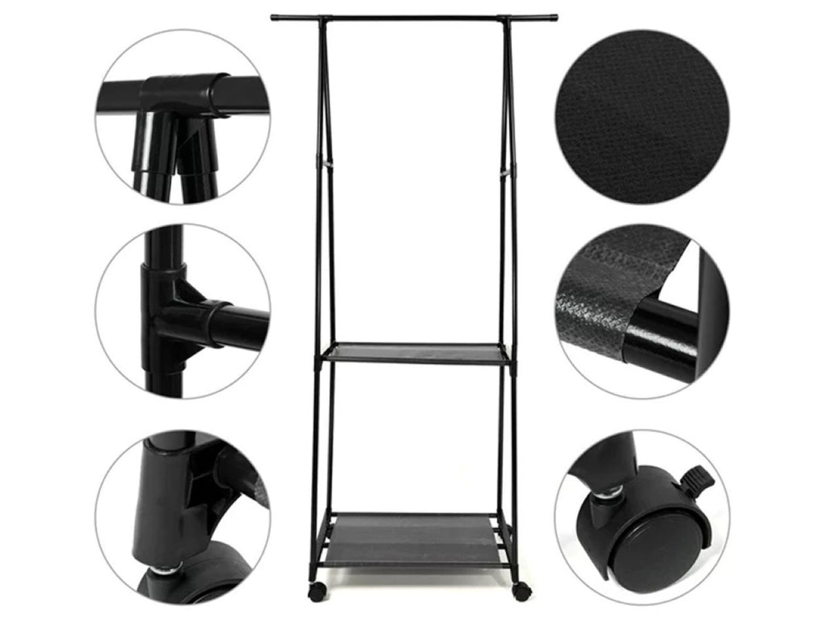 Suport triunghi pentru haine si umerase cu 2 rafturi inferioare 160x55x42cm